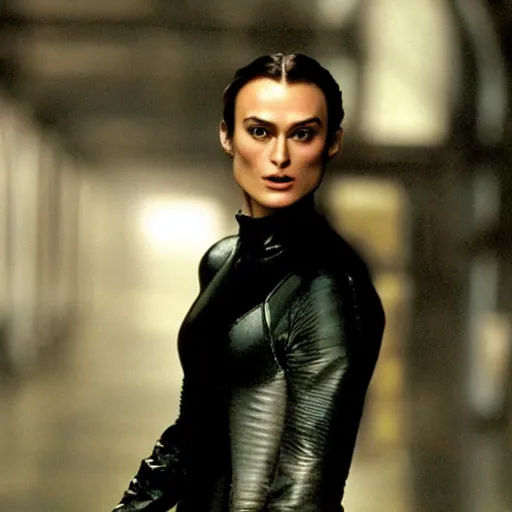 Image similar to A still photograph of Keira Knightley as Trinity in The Matrix