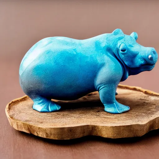Prompt: small hippopotamus sculpture on a desk half wood and half blue epoxy sculpture, mix, decorative small, 3 5 mm macro photography, studio