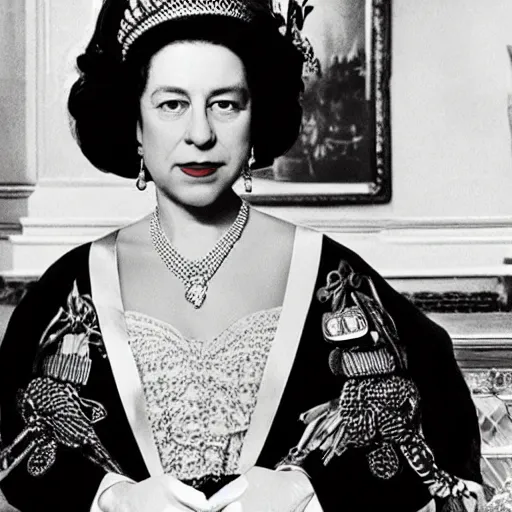 Prompt: album cover of elizabeth ii as a rapper