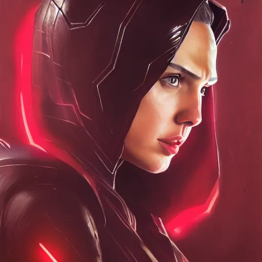 Image similar to a potrait of Gal Gadot as Scarlet witch by Greg Rutkowski, Sung Choi, Mitchell Mohrhauser, Maciej Kuciara, Johnson Ting, Maxim Verehin, Peter Konig, 8k photorealistic, cinematic lighting, HD, high details, dramatic, trending on artstation, full body shot