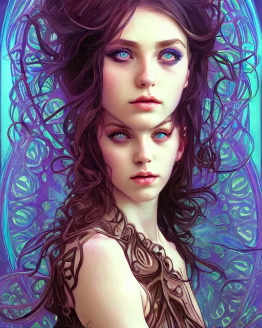 Prompt: portrait of demon girl, dreamy and ethereal, expressive pose, big blue eyes, exciting expression, fantasy, intricate, elegant, psychedelic smoke, highly detailed, digital painting, artstation, concept art, smooth, sharp focus, illustration, art by artgerm and greg rutkowskiand alphonse mucha