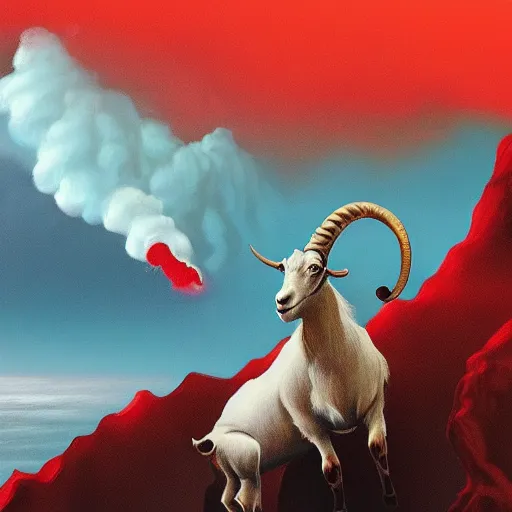 Prompt: highly detailed goat with a thousand horns blowing smoke on a red cliff with thunderstorm in the background