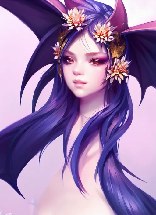 Image similar to cute little dragon flowers, blue black pink, gold, diamonds, highly detailed, artgerm, cushart krenz, artstation, soft light, sharp focus, illustration, character design, concept art