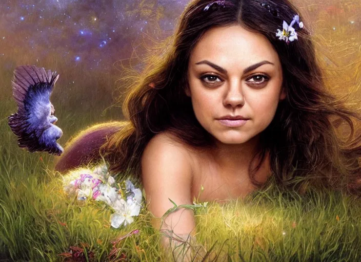 Image similar to Mila Kunis staring into the camera singing a lullaby, fireflies, full moon, Lilia Alvarado, Sophie Anderson, Mark Arian, Bob Byerley, Charlie Bowater, Mark Brooks, Steve Henderson, Justin Gerard, Arthur Hughes, Edward Robert Hughes, Mark Keathley, Victor Nizovtsev, Carlos Shwabe, Ross Tran, WLOP