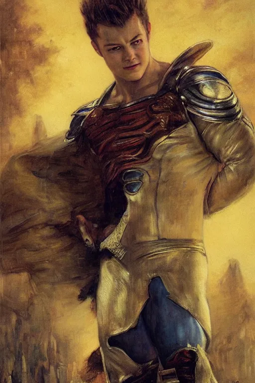 Image similar to portrait of taron egerton as prince vegeta. art by gaston bussiere.