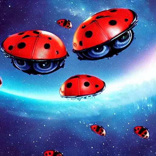 Image similar to film still, future ladybug ( ( descendants ) ), ladybug quadruped with big rgb eyes, huge ladybug mothership, epic cosmos, dramatic lighting, ( e. t. the extra - terrestrial ) imax, 7 0 mm.