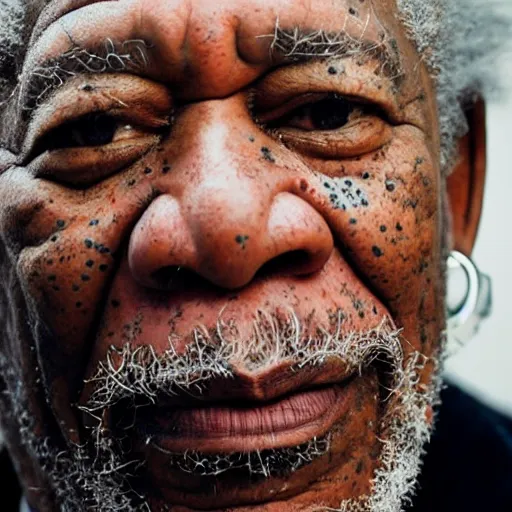 Image similar to a cinematic film still of Morgan Freeman dressed as a punk rocker, portrait, 40mm lens, shallow depth of field, close up, split lighting, cinematic