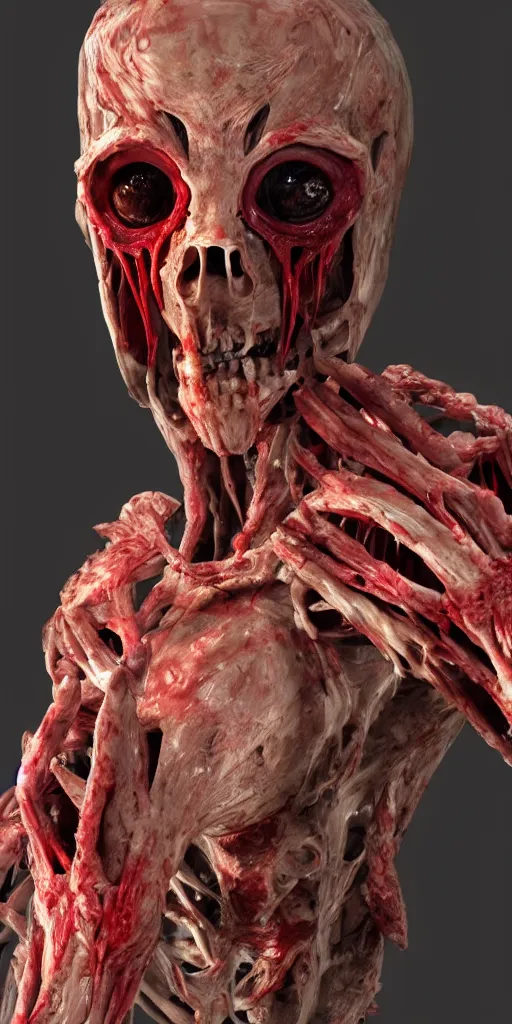 Prompt: looking through the window smiling photorealistic ultra detailed humanoid creature made of decomposed bloody flesh and bones, night, the woods, extremly detailed, 8 k, realistic, sharp focus, cosmic horror creature, cosmic horror, from the movie the thing, mysterious creature, bloody eyes, big eyes
