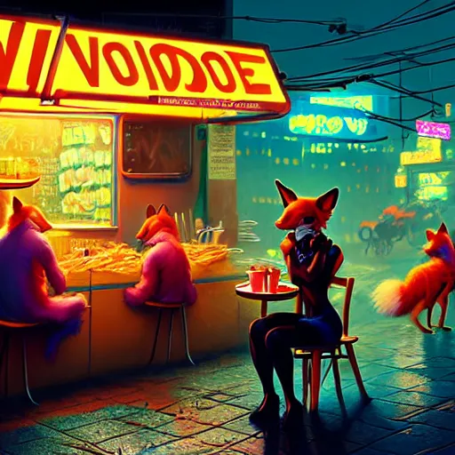 Prompt: splash art of anthropomorphic female vulpes vulpes fulva woman sitting at a noodle stand eating noodles in the crowded street of a cyberpunk city, rain, harsh neon lighting, realistic ultra detailed : by weta, greg rutkowski, wlop, ilya kuvshinov, rossdraws, artgerm, octane render, liosh, mucha