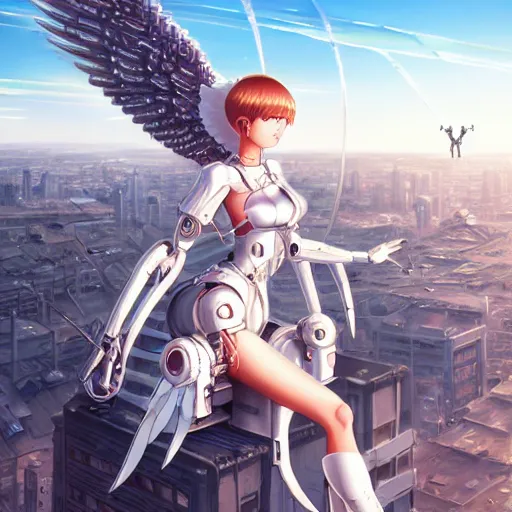 Image similar to cute cyborg - angel girl with large angelic wings standing on the edge of a rooftop overlooking a apocalyptic city, left eye gold and right eye silver, biomechanical details, bionic cyborg implants, digital cyberpunk - anime art, full body shot, wlop, ilya kuvshinov, artgerm, krenz cushart, greg rutkowski