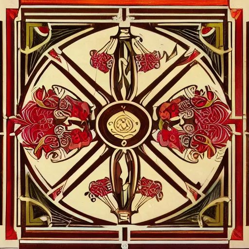 Image similar to symmetrical mural painting from the early 1 9 0 0 s in the style of art nouveau, red curtains, art nouveau design elements, art nouveau ornament, scrolls, flowers, flower petals, rose, opera house architectural elements, mucha, masonic symbols, masonic lodge, joseph maria olbrich, simple, iconic, graphic, masonic art, masterpiece