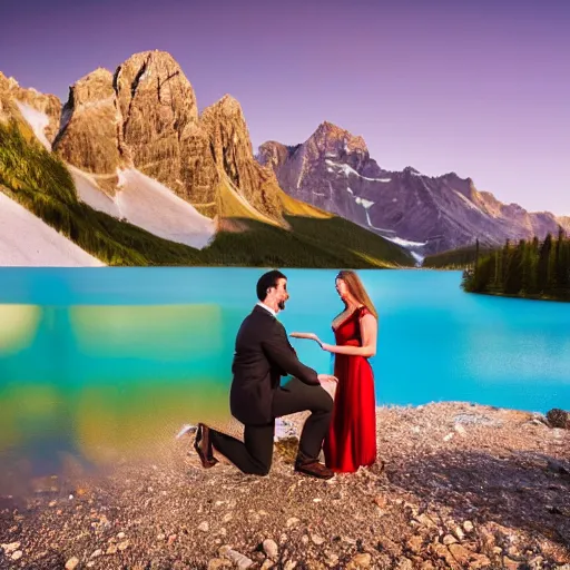 Prompt: a dark - haired man proposes to his blond wife next to a beautiful turquoise lake, mountain in the background, trending on artstation