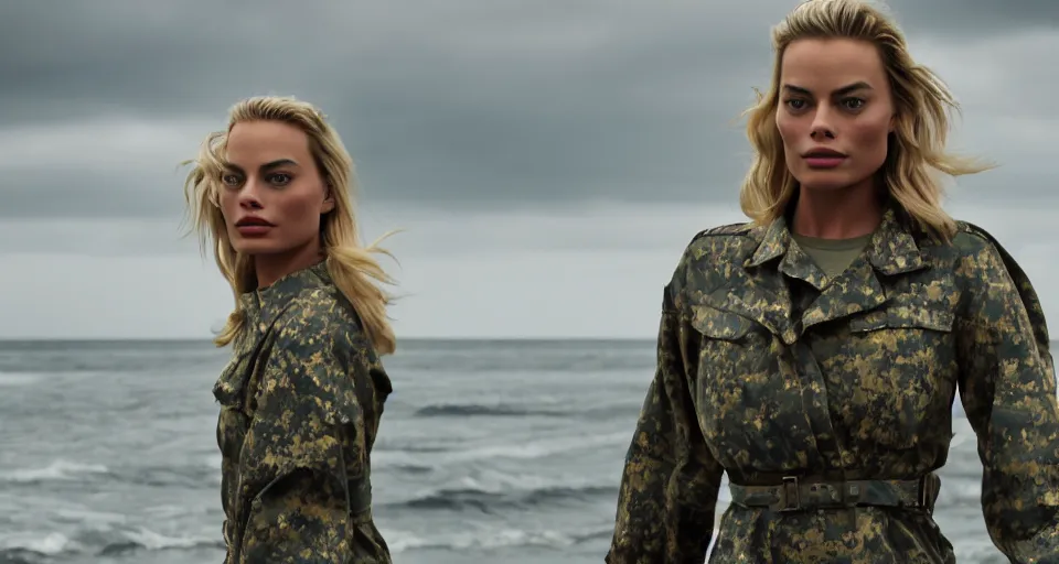 Image similar to cinematic shot of margot robbie in military gear walking out of the ocean, cinematic diffuse lighting, cloudy weather