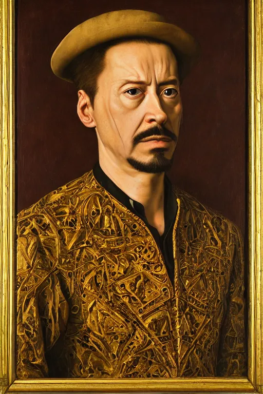 Prompt: portrait of tony stark, oil painting by jan van eyck, northern renaissance art, oil on canvas, wet - on - wet technique, realistic, expressive emotions, intricate textures, illusionistic detail