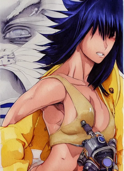 Image similar to Frontal portrait of a very beautiful muscular anime girl with tanned skin and cream colored hair wearing a yellow raincoat, watercolor, digital painting, art by Kenichi Sonoda ((Moebius)) Makoto Shinkai ((Shirow Masamune)) and Katsuhiro Otomo, very detailed, sharp focus, cyberpunk, high quality, color manga panel, hard shadows