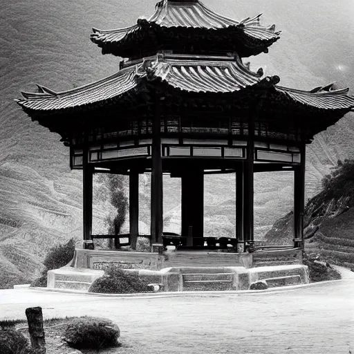 Prompt: little pavilion in the mountain, black and white, by lang jingshan,