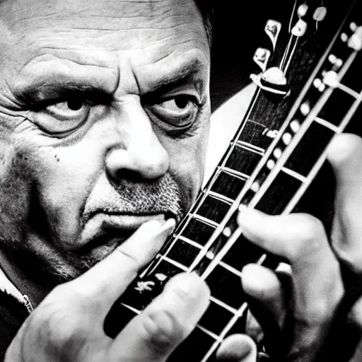 Image similar to metal viktor orban with a guitar, concert photography