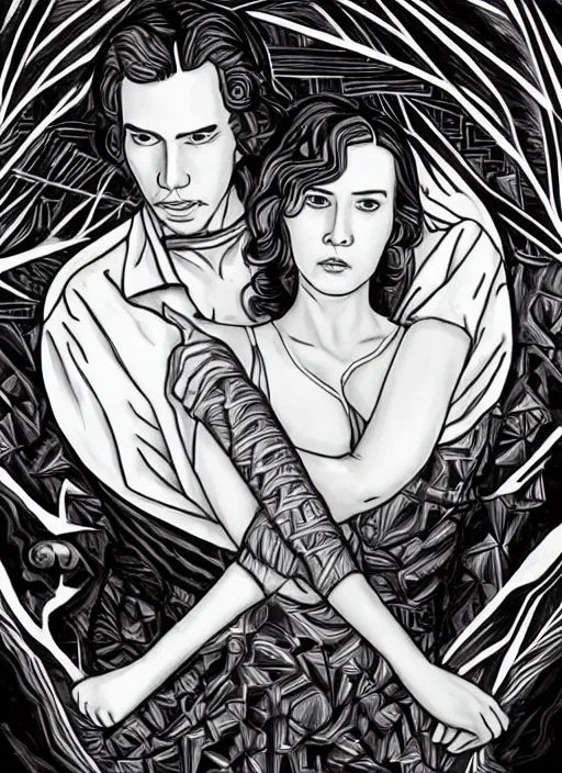 Image similar to reylo in the style of m. c. escher