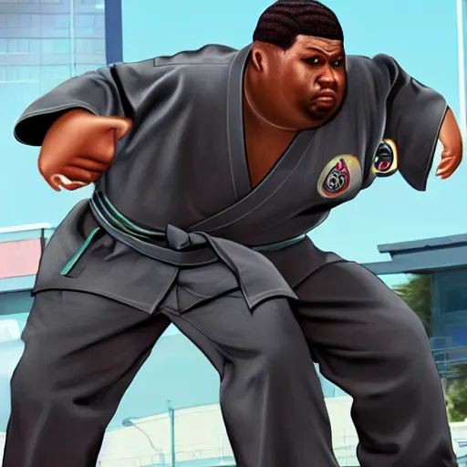 Image similar to hyperrealistic image of overweight black martial artist with dreadlocks in uniform doing kata, grand theft auto style