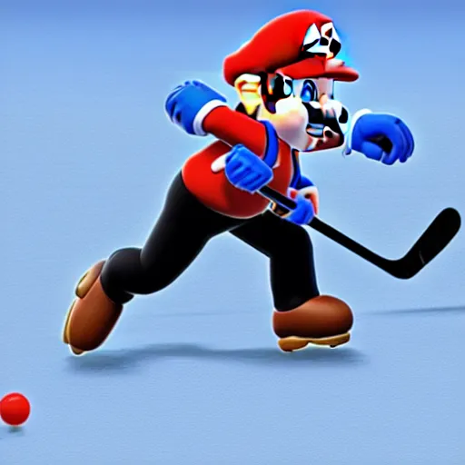 Image similar to super mario playing hockey, highly detailed, extremely high quality, hd, 4 k, 8 k, canon 3 0 0 mm, professional photographer, 4 0 mp, lifelike, top - rated, award winning, realistic, detailed lighting, detailed shadows, sharp, no blur, edited, corrected, trending