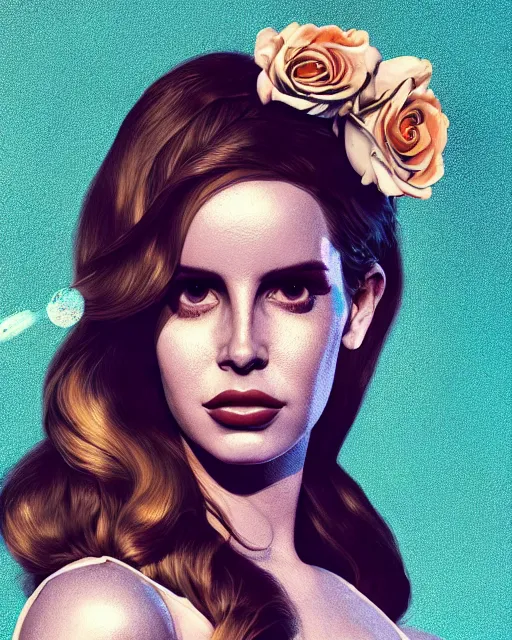 Prompt: portrait of lana del rey as a cyborg. intricate abstract. intricate artwork, tear drops, roses, crucifix, by tooth wu, wlop, beeple, dan mumford. concept art, octane render, trending on artstation, greg rutkowski, symmetrical, cinematic, key art, hyper realism, iridescent accents