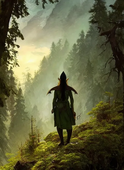 Image similar to elven soldier wearing a dark green tunic with a shield on his back standing at a forest looking for adventure in the mountains, tall trees, landscape is lush, moody sunset in background, greg rutkowski, alphonse mucha, trending on artstation, artgerm, unreal engine, breathtaking, award winning, highly detailed