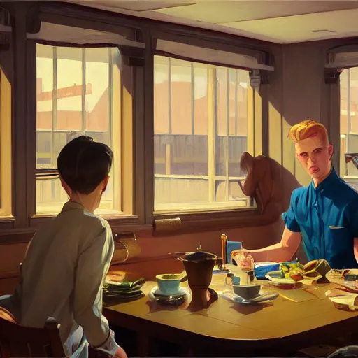 Prompt: sargent and leyendecker and greg hildebrandt, portrait of a diner in the world of edward hopper, anime, stephen bliss, unreal engine, fantasy art by greg rutkowski, loish, rhads, ferdinand knab, makoto shinkai, ilya kuvshinov, rossdraws, global illumination, radiant light, detailed and intricate environment