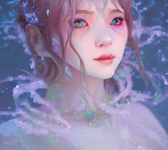 Image similar to beautiful ancient pastel frost witch, fire in eye, snow glow, pool party, highly detailed, digital painting, artstation, sharp focus, illustration, art by tan zi and ayanamikodon and alphonse mucha and wlop!!