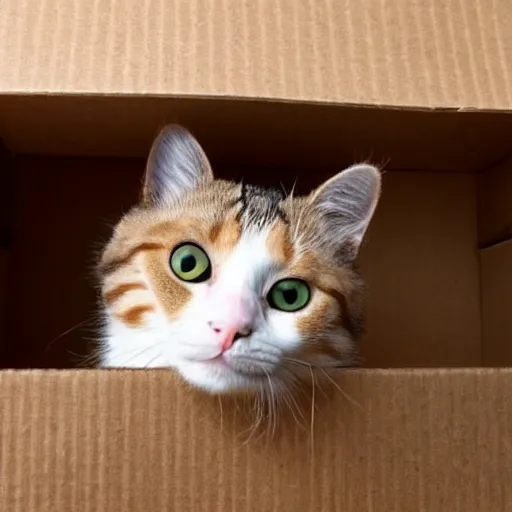 Image similar to cat sticking his head out of a small hole in a cardboard box