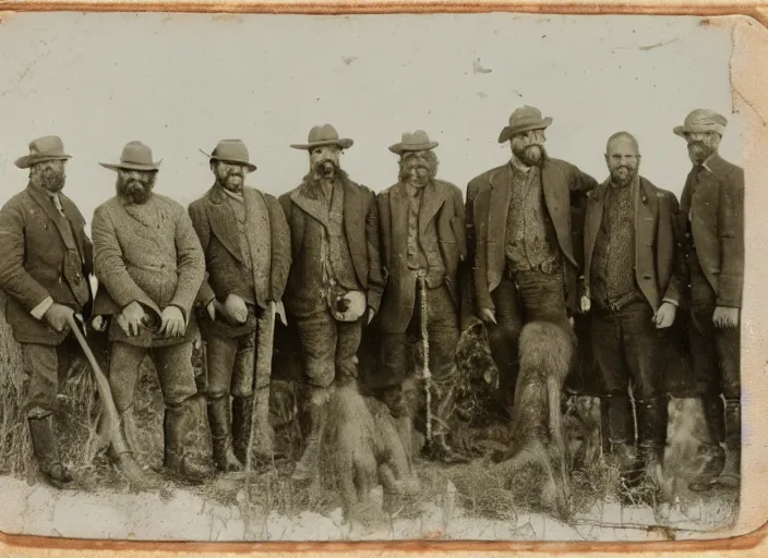 Image similar to tintype photo of a woolly mammoth and a group of men posing with it