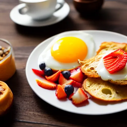 Prompt: photo close - up of breakfast