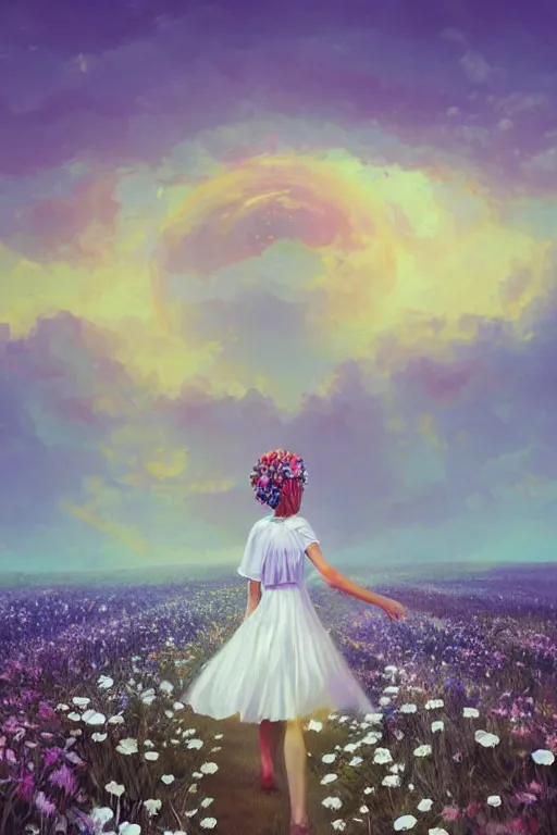 Image similar to giant white daisy flower crown as head veil, girl walking in a flower field, surreal photography, sunrise, dramatic light, impressionist painting, colorful clouds, digital painting, artstation, simon stalenhag