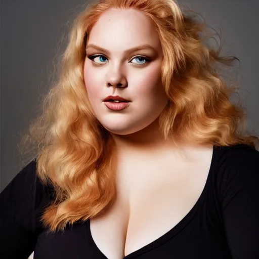 Image similar to a curvy, radiant, bubbly, 2 5 - year - old canadian plus - size model, long strawberry - blond hair, creamy skin, portrait, christopher balaskas