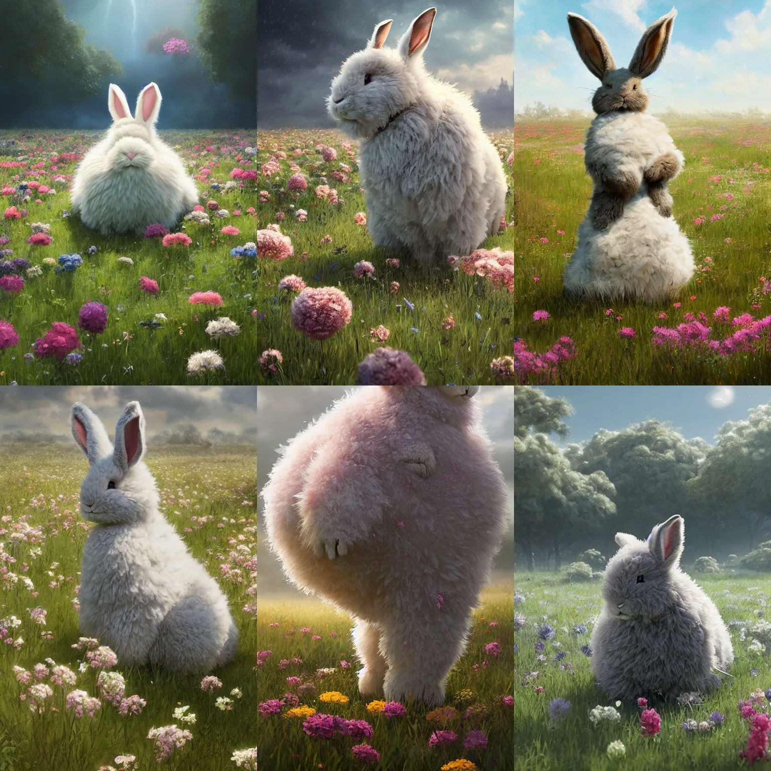 Prompt: a large fluffy rabbit sitting in a field of flowers, diffuse lighting, strong imagery, highly detailed, by Greg Rutkowski, Sung Choi, Johnson Ting, Maxim Verehin, Peter Konig, final fantasy, Marco lense, photorealistic 8k, cinematic lighting, HD, high detail, atmospheric, trending on artstation