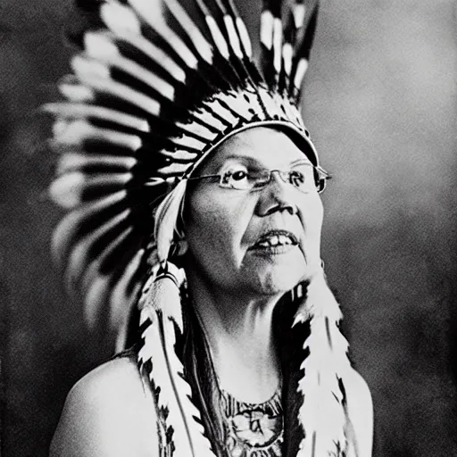 Image similar to the american indian elizabeth warren in a war bonnet lamenting to the the fake news press she is not a man