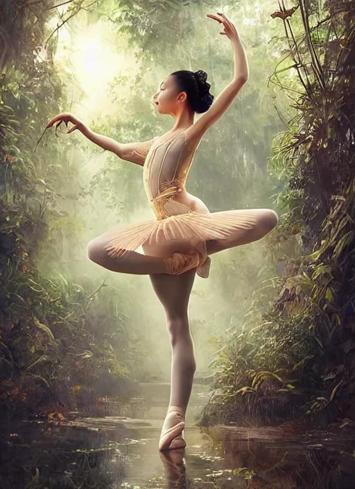 Image similar to stunningly beautiful, asian prima ballerina in jungle, symmetrical face, golden hour, smooth, focus, highly detailed, hyper realistic, dramatic lighting, elegant, intricate, concept art, art by wlop, mars ravelo, greg rutowski