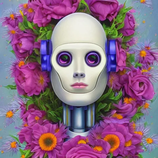 Image similar to a ultradetailed beautiful panting of a robot with flowers growing from the top, by alex gross, trending on artstation