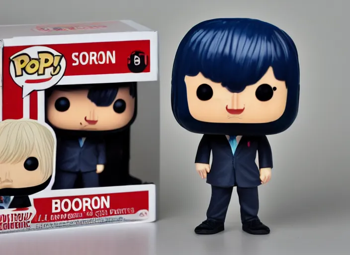 Image similar to product still of Boris Johnson funko pop with box, 85mm f1.8