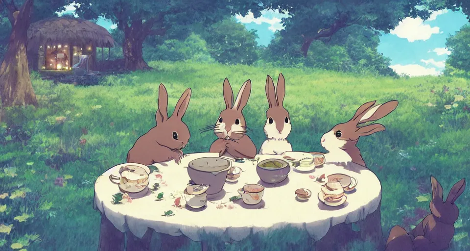 Image similar to 3 bunnies having a tea party, by studio ghibli, makoto shinkai, beautiful nature illustration