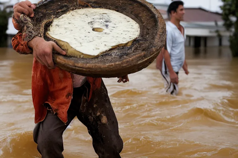 Image similar to closeup portrait of a man carrying a wheel of cheese over his head in a flood in Adelaide in South Australia, photograph, natural light, sharp, detailed face, magazine, press, photo, Steve McCurry, David Lazar, Canon, Nikon, focus