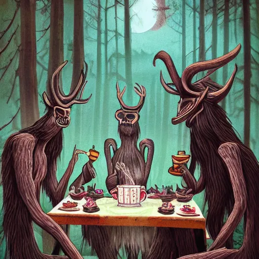 Image similar to a photograph of a Wendigo having a tea party