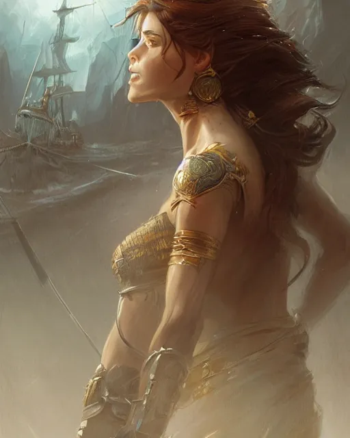 Image similar to A beautiful female warrior posing on a boat, perfect face, highly detailed face, close-up, fantasy woman, fantasy art, in the style of greg rutkowski, illustration, epic, fantasy, intricate, hyper detailed, artstation, concept art, smooth, sharp focus, ray tracing, profile shot