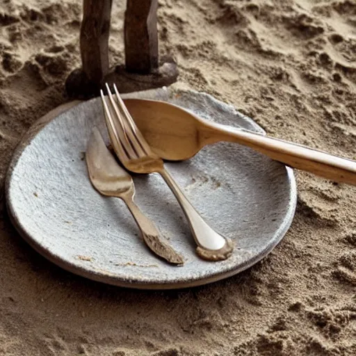 Image similar to a fork made of sand, realistic, ultra high detail, the fork is on a plate, the plate is on a wooden table.