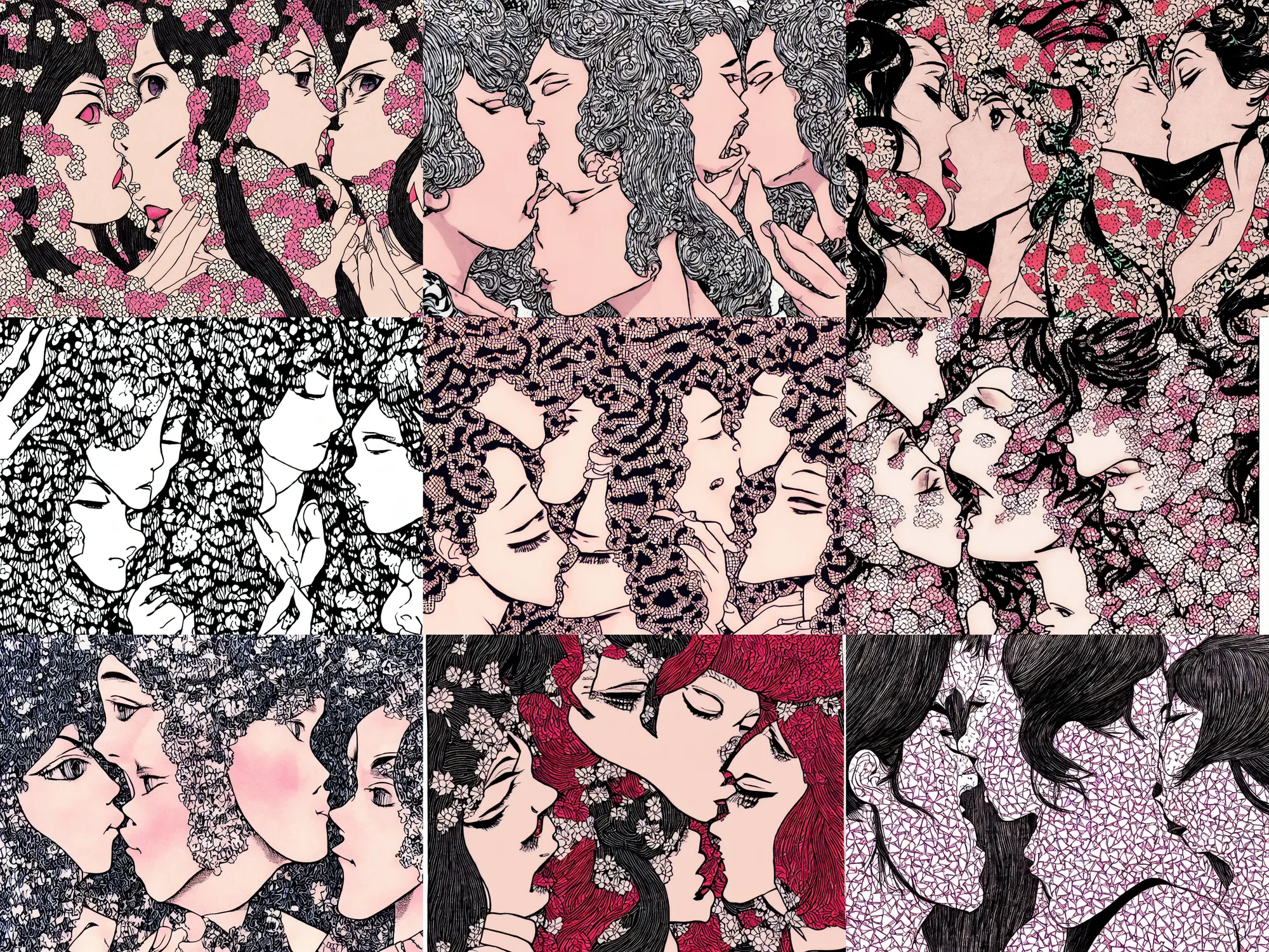 Prompt: extreme close - up of two women made of patterns kissing each other, manga art by araki, jojo's bizarre adventure key visual, sticker illustration
