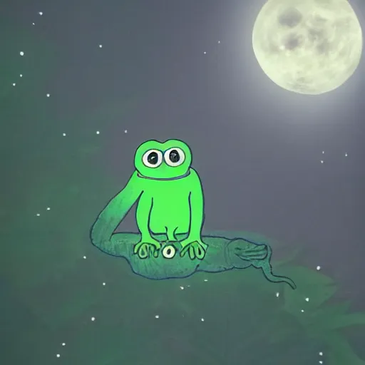 Prompt: pepe the frog flying at night through fog forest lit by the full moon