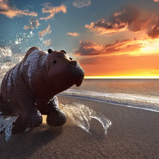 Prompt: a closeup photorealistic photograph of a cute smiling knitted tiger hippopotamus chasing after a beachball during sunset. surf in background. professional capture. this 4 k hd image is trending on artstation, featured on behance, well - rendered, extra crisp, features intricate detail, epic composition and the style of unreal engine.