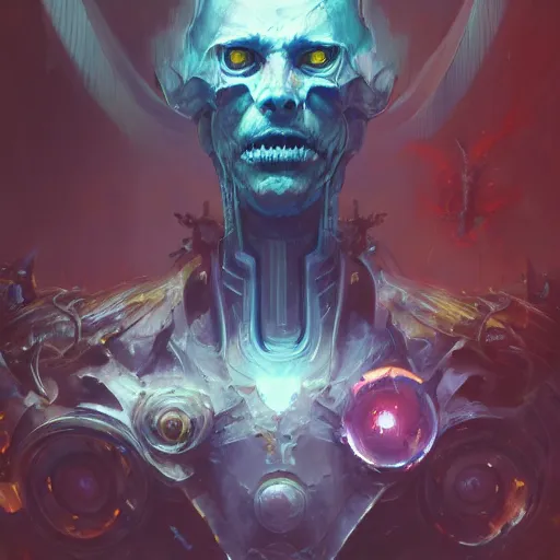 Prompt: a portrait of a sinister cybernetic duke of hell, cyberpunk concept art by pete mohrbacher and seb mckinnon and beksinski and josan gonzales, digital art, highly detailed, intricate, sci-fi, sharp focus, Trending on Artstation HQ, deviantart, unreal engine 5, 4K UHD image