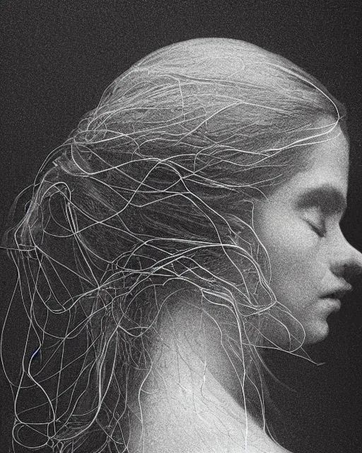 Image similar to a woman's face in profile, long flowing hair entwined in intricate decorative cobwebs, in the style of the dutch masters and gregory crewdson, dark and moody