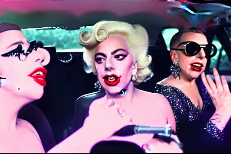 Image similar to lady gaga and judy garland doing carpool karaoke, lady gaga and judy garland, carpool karaoke, lady gaga, judy garland, carpool karaoke, youtube video screenshot, the late late show with james corden