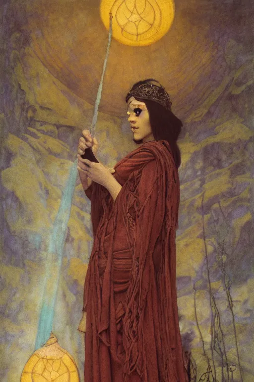 Prompt: portrait of the last goth witch of the dawn mountains with her lantern and regalia, by Annie Swynnerton and Nicholas Roerich and John Bauer and John William Godward and Donato Giancola and Vermeer, embroidered velvet, iridescent beetles, rich color, ornate headdress, flowing robes, lost runes, ancient civilizations, dramatic cinematic lighting, featured on Artstation, extremely detailed